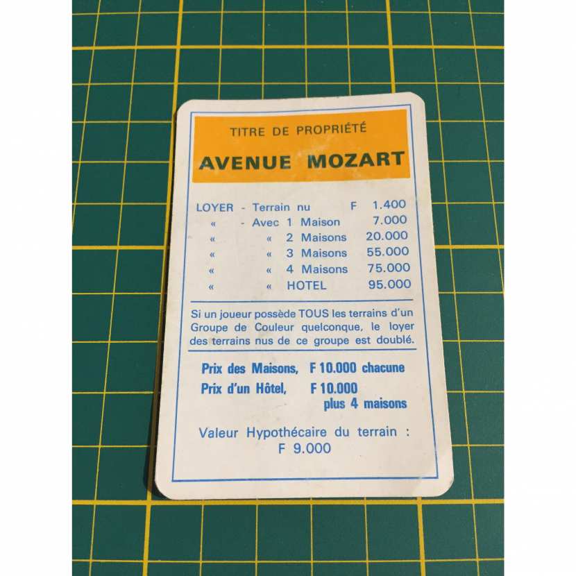 Carte Avenue Mozart pièce détachée Monopoly Miro Parker company A63